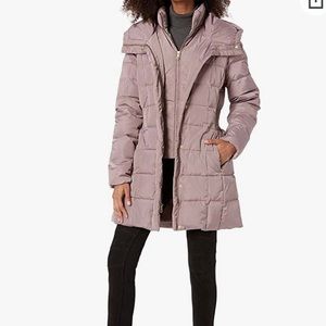 Cole Haan Women's-Mauve-Taffeta Down Coat With Bib Front and Dramatic Hood